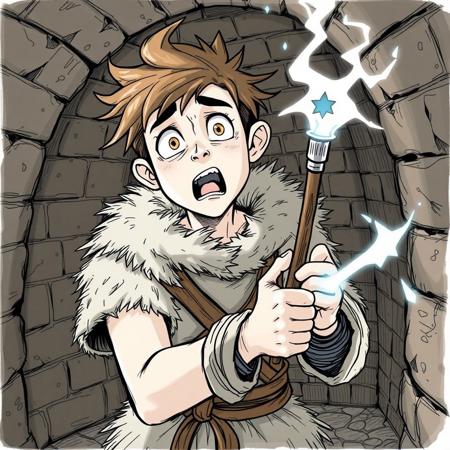 Male human young mage, shocked and confused, looking at viewer, in dungeon, brick walls, dressed in short fur rags, holds magic wand at ready, a bit crazy, quick sketch