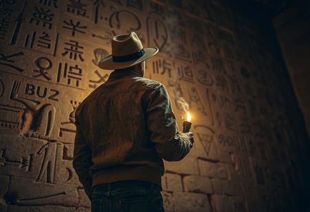 Shot with a full-frame DSLR, 85mm lens at f/1.8 for shallow depth of field, ISO 400, 1/100 shutter speed. slight post-processing  for deep shadows and neutral tone grading.
carved symbols in a old sandstone wall of a pyramid. ultra datailed ancient agyptian symbols and a small written "BUZZ". low angle back shot of a person wearing a fedora-style hat, a old dusty jacket and a old worn jeans. lighted only by a old-scool torch in his hand so his back is barely lit. you can clearly see the photo was shot in a pyramid because of the detailed and many symbols. some dust floating in the air. dim lighting makes the shot mysticaly and dramatic.