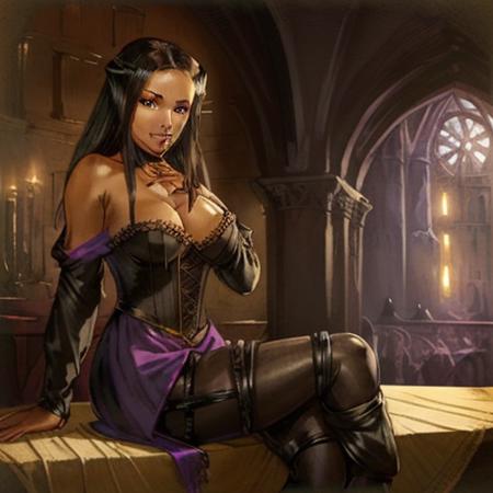 <lora:wrc:1>, wrc style, beautiful woman, black hair, purple eyes, stockings, elegant black outfit, sitting on the table, medieval setting