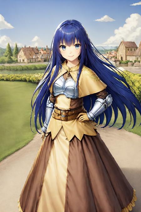 <lora:swordsmanRO_V3.5:0.75>, swdro,boots, armor, yellow skirt, brown dress, long dress, flora print, rose print, armored dress, belt,
blue hair, blue eye, long hair,
hand on hip, standing,
looking at viewer, angry, smile,
(half body:1.2), ((portrait)), half portrait , (medium shot),
brick floor, fountain, stone castle, sky, garden, cloud, townscape, stone house,