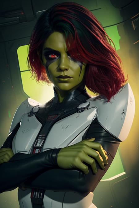 Gamora,green skin , multicolored hair,red eyes,hair over one eye, makeup, standing, upper body,  crossed arms, serious,  
GaSuit,
alien planet, 
(insanely detailed, beautiful detailed face,beautiful detailed eyes, masterpiece, best quality)
 <lora:Gamora:0.7>