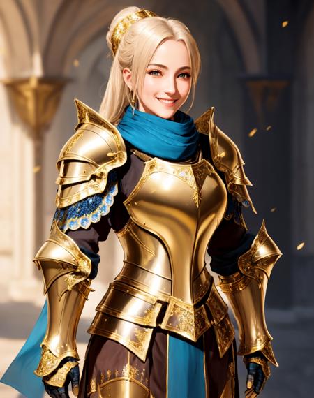 Masterpiece, absurdres, fine detail, HDR,highly detailed armor with gold plating, shiny armor, photorealistic,smiling, excited,<lora:PLD_amor:0.75>,PLD_armor, a female knight in armor, wearing PLD_armor, blue scarf