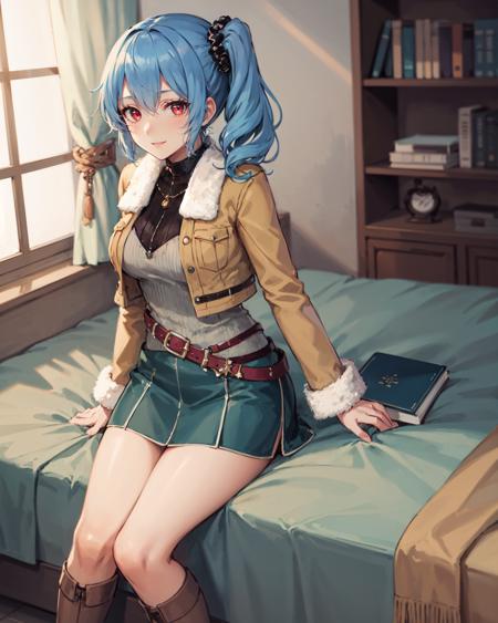 best quality, (masterpiece:1.2), illustration, absurdres,
(1girl), (solo), (beautiful detailed girl),  full body shot,,
<lora:ClaireCasual-08:0.8>, blue hair, side ponytail, scrunchie, red eyes, medium breasts,
brown jacket, fur trim, green top, black collar, green skirt, belt, grey boots,
looking at viewer, gentle smile,
inside bedroom, bed, bookcase, table,