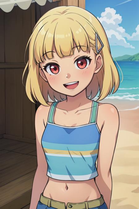 portrait, sharp focus, soft lighting, illustration, depth of field, outdoors, beach, blue sky,  rosetta1, 1girl, solo, happy, :D smiling, short hair, blonde hair, red eyes,  blunt bangs, hairclip, bare shoulders, striped, tank top, shorts,  <lora:rosetta1-000003:0.75>  <lora:ManyakisStyle:0.35>