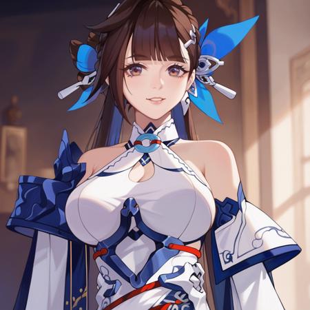 Li Sushang,huge breasts, China Cheongsam, china dress,long hair,twintails, multicolored hair, two-tone hair, brown hair, blue hair, wing hair accessories,off shoulders,fingerless gloves,thick thighs,footwear