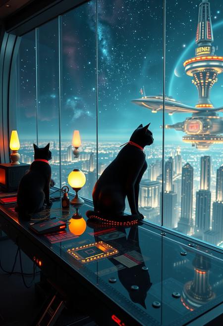 A sleek black cat with red collar sits on a cluttered metal riveted desk with transparent top and micro-LED lighted computer components visible inside, On the desk are a maneki neko statue and a lava lamp, the Black Cat is looking out of a seamless and futuristic floor to ceiling window that looks out at the lights of enormous buildings and cities far below, (((a beautiful woman, 24 years old, is standing behind a desk looking out at the nebulae and starships, the sleek black cat with red collar is sitting on the desk and looking out the window, the woman is dressed in an ornate elegant Art-Deco Chinese style top that displays her toned abdomen and tight leather pants. An enormous art deco inspired starship with futuristic lighting and an enormous space station are visible in the background among the stars, The woman's hair is elegantly tied up with a ribbon. Artistic cyberpunk, dynamic perspective, (((overall architectural aesthetic is Art Deco Cyberpunk))).  Epic image that elicits a feeling of wonder and awe, part of the interior is visible,