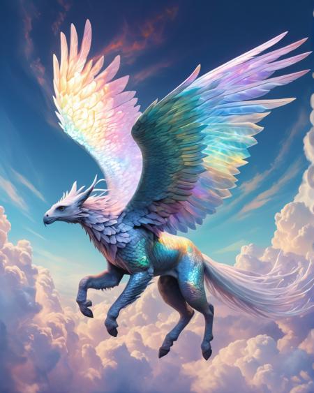 A mythical creature with opalescent scales, soaring through a sky filled with iridescent clouds that shift in color as they move