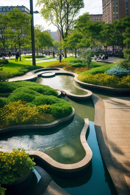 <lora:JJsLandscapeDesign:.8>, masterpiece, best quality,Landscape, scenery, outdoors, park, paving ,bench, building, tree, sky,  real world location, day, grass, bush, flower, city, fountain,