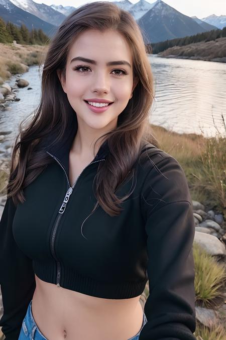 ((selfie)) photo of (4l3xbotez:0.99), black hair, smiling, outdoors, mountains, wearing a backpack, sweater, and hiking jacket, rocks, river, wood, analog style (look at viewer:1.2) (skin texture), close up, cinematic light, sidelighting, Fujiflim XT3, DSLR, 50mm