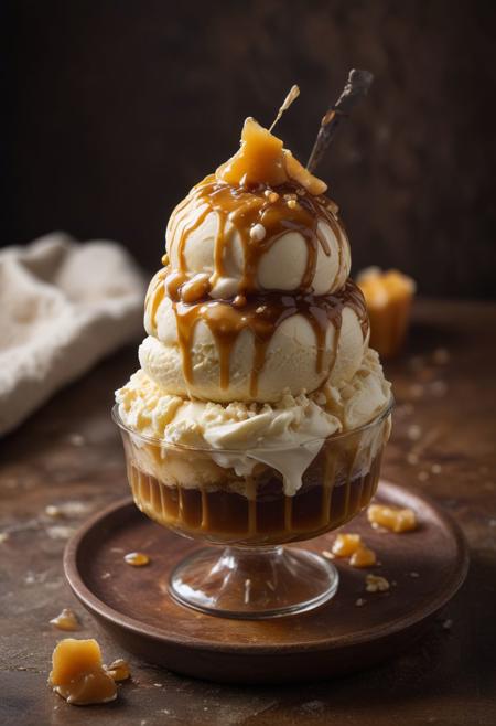 RAW photo, rum caramel ice cream, hot summer day, food photo, DSLR, caramel swirl and a rum caramel drizzle garnish, soft lighting, high quality, film grain, Fujifilm XT