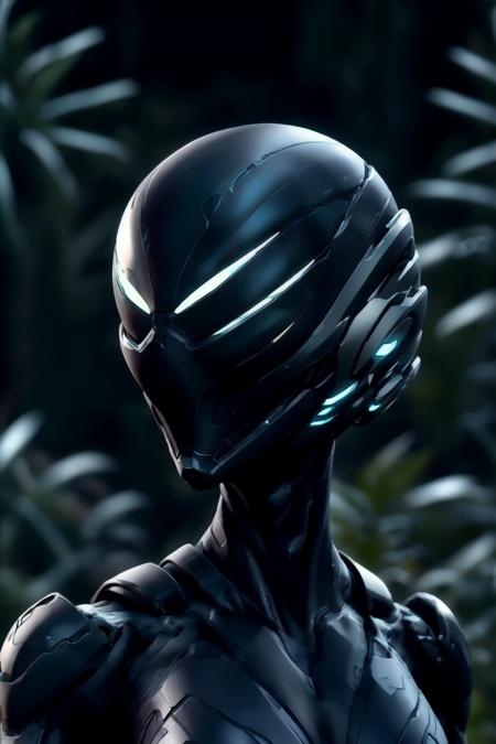 1boy,  blurry background, outdoors,  ,alien, , black background,<lora:SpaceKnights_3.0:1>