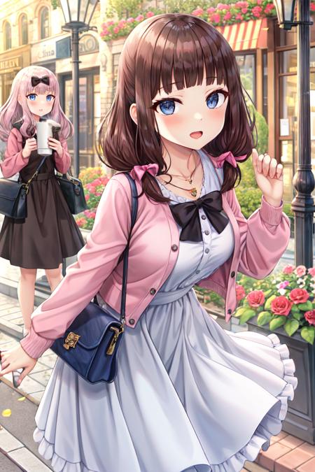 torino aqua, 2girls, bag, bangs, black bow, blue eyes, blunt bangs, blush, bow, breasts, brown dress, brown eyes, brown hair, bush, cafe, casual, chair, day, dress, flower, frilled dress, frills, fujiwara chika, hair bow, handbag, hands up, highres, holding, holding bag, iino miko, jacket, jewelry, kaguya-sama wa kokurasetai ~tensai-tachi no renai zunousen~, lamppost, lens flare, long hair, looking at viewer, low twintails, multiple girls, necklace, open mouth, outdoors, parted lips, pink hair, pink jacket, plant, rose, signpost, solo focus, storefront, table, torino aqua, tree, twintails, white dress,

<lora:torino_aqua:0.6>