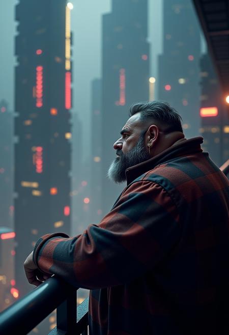 3d cgi scifi film, movie still photograph in portrait orientation, bara manga style, set in a dark setting accented by rimlight. Hugo: A 55-year-old muscle-bear, standing tall at 185cm, is characterized by his stocky build and big belly. He has a grayish beard, short salt and pepper hair, a wide face with a double chin, hairy arms, and a unique wide crooked nose. A golden earring shines from his right ear. Clad in a cozy flannel shirt, his presence reflects that of an architect or a knowledgeable university professor. Pose: Hugo leans over a balcony rail, deeply engrossed in the breathtaking view of a blame! Megastructure-inspired metropolis.