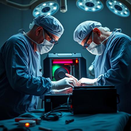 Realistic and dramatic shot of old and experienced surgeons doing surgery to a gaming PC, with a car battery providing life support