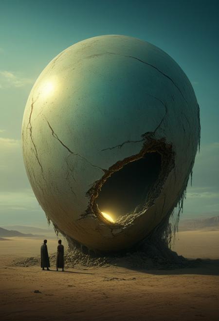 Epic scene, Giant buried in the desert, people watching, shocking, ultra-realistic, art leans heavily towards surrealism, with its dreamlike quality and the blending of reality with the fantastical. The melting face and glowing orb invoke a sense of the uncanny, common in surrealist works, by Beeple and Wojtek Fus and Aeforia, movie poster, extremely detailed, hyper resolution, cinematic lighting