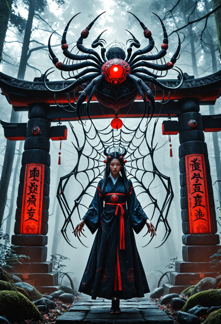 Yorogumo, an eldritch spider goddess from ancient Japanese mythology, emerging from a torii gate in a foggy forest, her form an unholy fusion of a beautiful woman and a multidimensional spider. Her human face is disturbingly perfect yet impossible to remember, eyes glowing red with void energy. Behind her, a massive cosmic spider looms â its legs twisted in impossible geometries, textured with fractal patterns and dark sigils. The torii gate is cracked and glowing with arcane light. Her body is wrapped in black silk threads, with tattoos like shifting spiderwebs, and her hands hold crimson orbs that pulse with alien power. The forest is shrouded in spectral mist, with strange glyphs floating in the air. Nightmare cosmic horror, divine ritual symbolism, dark mysticism, high detail, cinematic lighting.
bo-exposure, spider demon, yokai horror, shrine ruins, double identity, cursed forest, ethereal mist
<lora:s:1> <lora:ral-frctlgmtry:1> <lora:midjourney_whisper_flux_lora_v01:1><lora:fluxenhancer:1> <lora:add-detail-xl:1> <lora:DetailedEyes_V3:1>