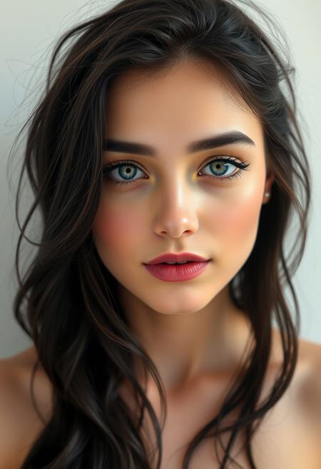 1girl, Instagram Model, 21 years old, pale skin,  long jet black hair, with loose waves and slighlty messy bangs,  light blue eyes, perfect beautiful face,   rosy cheeks, pink lips,  smoky makeup, black eyeliner,   neutral expression on her face, 
front light, photography, head shot, realistic, 
stright on angle, tanken with a Canon EOS R5, and Canon RF 50mm f/1.2L USM lenses,