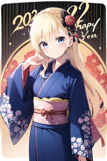 1girl, solo, japanese clothes, blonde hair, kimono, smile, blue eyes, obi, sash, braid, floral print, blue kimono, new year, print kimono, sleeves past wrists, closed mouth, crown braid, hair bow, bow, bangs, blush, happy new year, long sleeves, looking at viewer, pinching sleeves, wide sleeves, hand up, striped bow, pink bow, floral background, egasumi, hair ornament, 2023, striped, <lora:Yousuke Kaneda:0.8>