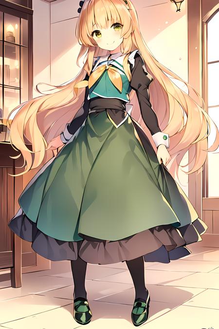 <lora:LoRA_Shiraki_Hime:1>, Shiraki Hime, 1girl, long hair, blonde hair, maid cafe, green dress, black skirt, black footwear, smile, dress,  shoes, standing,