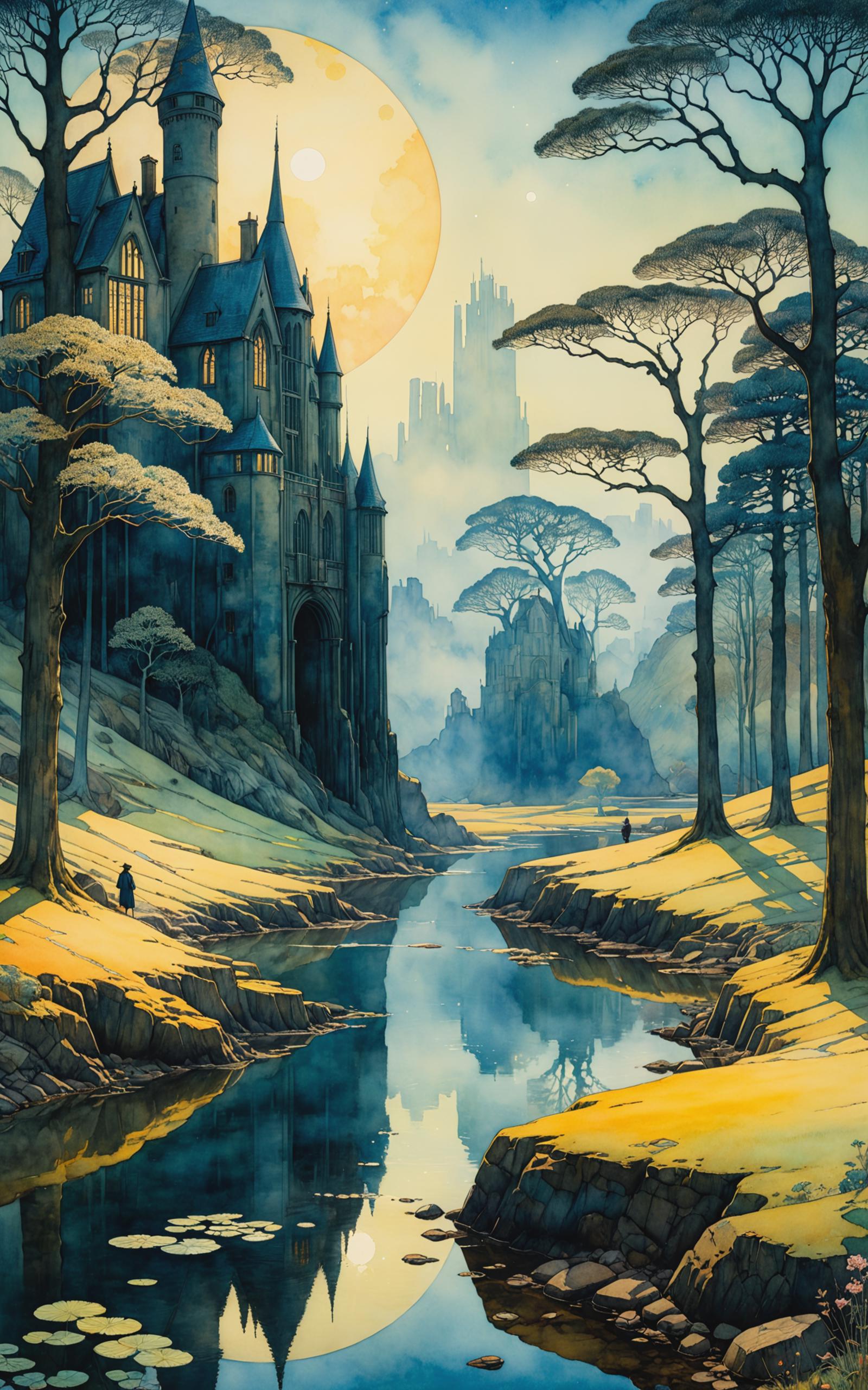A Fantasy Painting of a Castle, Trees, and a River