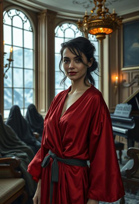 Claudia Chauchat, a 30-year-old Russian woman from Thomas Mann’s The Magic Mountain, depicted in a photorealistic style, standing in the opulent yet sterile lounge of a Swiss sanatorium, with tall windows revealing snow-covered Alps in the background, wearing a loose, silk kimono-style robe in deep crimson that slips slightly off one shoulder, revealing her pale, delicate skin and hinting at her slender, curvaceous figure, her dark, almond-shaped eyes gazing with a mix of languid seduction and melancholic detachment, her jet-black hair loosely pinned up with strands falling messily around her face, her expression carrying a faint, knowing smile, surrounded by a few shadowy patients in heavy woolen blankets, the air thick with the scent of antiseptic and pine, captured in a candid, atmospheric snapshot focusing on an authentic moment, the room lit by soft, diffused daylight and the warm glow of a brass chandelier, with ornate wooden furniture and a grand piano in the corner, emphasizing her enigmatic, decadent allure and the tension of her illness amid the sanatorium’s refined decay.