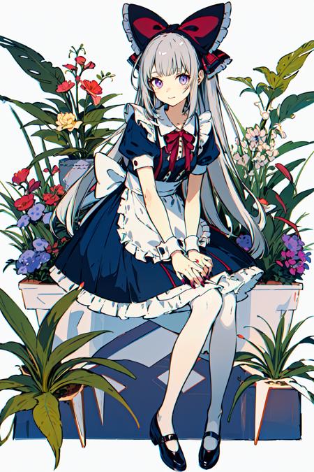 <lora:hamukukka:0.8>1girl, long hair, dress, bow, black footwear, alice (alice in wonderland), frills, mary janes, striped, solo, sitting, purple eyes, shoes, short sleeves, hair bow, red nails, nail polish, animal, puffy sleeves, frilled dress, wrist cuffs, flower, very long hair, apron, plant, puffy short sleeves, bangs, white pantyhose, grey hair