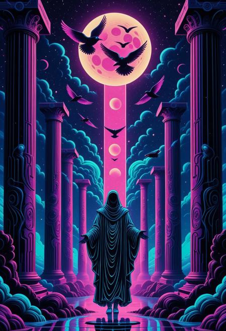A dreamlike fusion of ancient iconography and retro-futuristic design—silhouetted deities in neon robes float through a vaporwave sky, surrounded by glowing moons, holographic columns, and digital birds mid-flight. flat colors, cel shading, comic book style, best_quality, amazing quality, masterpiece, absurdres, highres, very_detailed, extremely_detailed, ultra_detailed, sharp_focus, clean_lines, high_detail, intricate detail