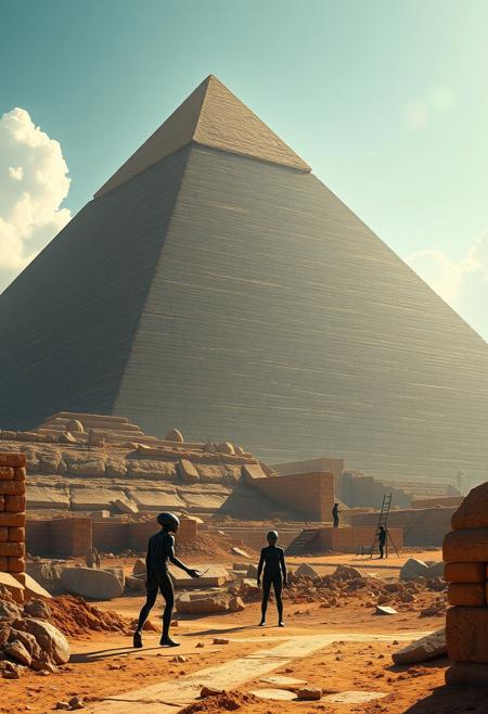 (photorealistic, realistic, masterpiece, best quality, amazing quality, very aesthetic, absurd res, scenery, glossy image, shiny image, dramatic lighting, volumetric lighting, dramatic shadows). 
Aliens are building an Egyptian pyramid.