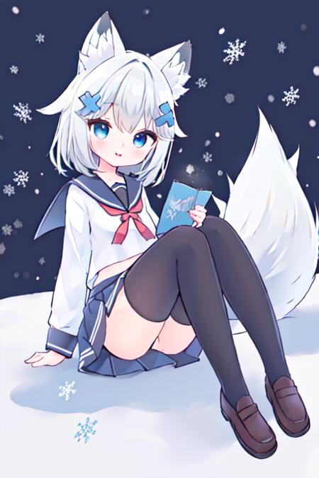 <lora:Mint-v1.0-:0.7>, 1girl, solo, bangs, blue eyes, hair ornament, x hair ornament, bow, fox ears, fox tail, grey hair, flat chest, serafuku, sailor collar, skirt, loafers, black thighhighs, smile, outdoors, snow, snowflakes, winter, snowing, sitting,