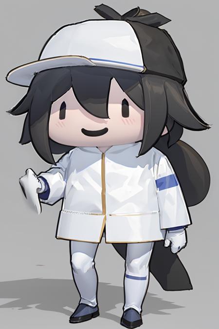 masterpiece, best quality, absurdres, 1boy, solo, SakamotoRyouma, black hair, ponytail, white hat, white jacket, white gloves, white pants, chibi, simple background, smug, smile, <lora:SakamotoRyouma:1>, <lora:style_walfie:1.1>