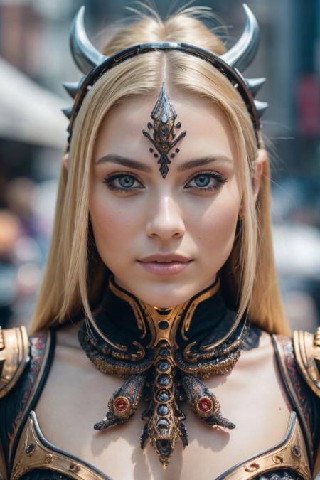 8k RAW professional photo of beautiful demon woman,(bottom view) beautiful woman, blond hair, warhammer  armor, in crowded city, biomechanical details,real skin,pores, (masterpiece), (extremely intricate:1.3), (realistic), dslr, soft lighting, high quality, film grain, Fujifilm XT3,sharp focus,style of warhammer 40k, tattoo, <lora:detail_slider_v4:0.7>