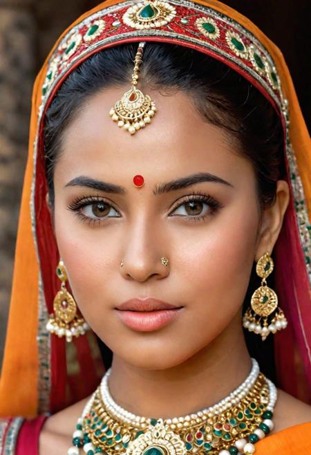 In vivid detail, ultra realistic, amazing, this image showcases a female figure, captured in a meticulously crafted photograph. The subject exudes natural beauty, with every pore and imperfection of her skin texture revealed.She is looking into camera with her bright beautiful eyes.  She stands majestically, donning traditional or ceremonial attire that has been intricately adorned. The image portrays her from head to toe, allowing viewers to appreciate the fullness and grandeur of her appearance. The photo is rendered with such remarkable precision and clarity that every intricate detail can be easily observed. With its extraordinary level of detail, this image truly immerses the viewer in the exquisite beauty and cultural richness of the subject.