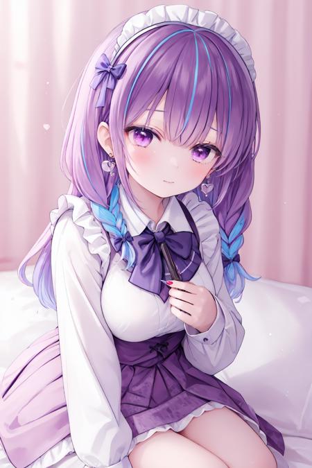 1girl, solo, minato aqua, virtual youtuber, long hair, multicolored hair, looking at viewer, holding, bow, earrings, jewelry, purple eyes, blue hair, sitting, long sleeves, bangs, blush, maid headdress, breasts, knife, shirt, white shirt, bowtie, two-tone hair, colored inner hair, pink dress, heart earrings, braid, purple hair, pink hair, holding knife, frills, nail polish, pink bowtie, pink bow, phone, closed mouth, yunmi style, sf5etf98, s6f8ey8vsdj, dr6g8cvwo, s5fr8gt, a35veo8vsdo, c6gw9oyh, c6s9eo5j