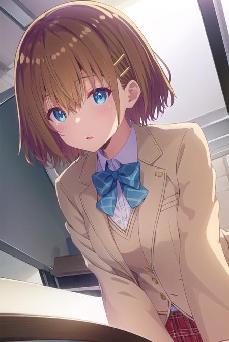 mizuhakiryuu, <lora:mizuha kiryuu s1-lora-nochekaiser:1>,
mizuha kiryuu, short hair, blue eyes, brown hair, hair ornament, hairclip,
BREAK skirt, bow, school uniform, jacket, plaid, plaid skirt, blazer,
BREAK indoors, classroom,
BREAK looking at viewer,
BREAK <lyco:GoodHands-beta2:1>, (masterpiece:1.2), best quality, high resolution, unity 8k wallpaper, (illustration:0.8), (beautiful detailed eyes:1.6), extremely detailed face, perfect lighting, extremely detailed CG, (perfect hands, perfect anatomy),