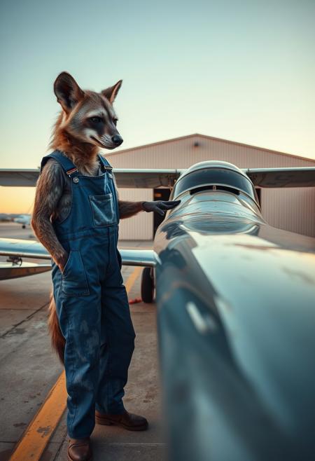 Closeup of an anthro hyena mechanic wearing blue overalls inspecting the paint of a biplane on the runway in front of a hangar in a private airport. The biplane is old and its paint is flaking, revealing silver gray surface underneath. The hyena is lightly touching the plane near the flaking paint. It is late evening and the sky is clear. The scene has an atmospheric cinematic look with vibrant colors and contrasting shadows and light.