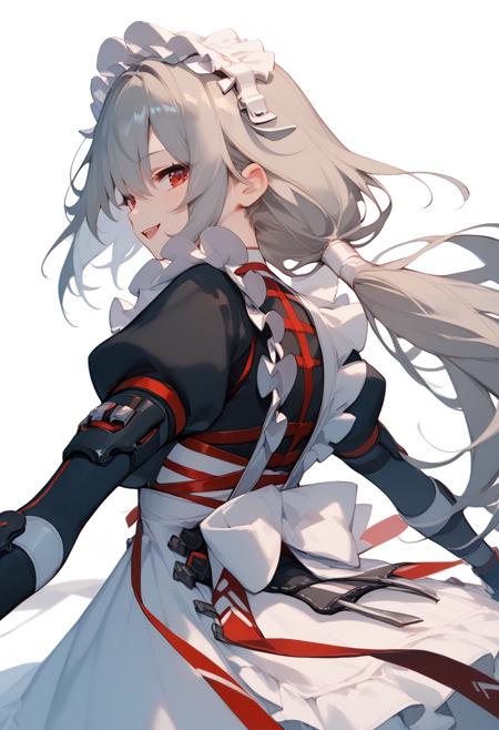 Zero_AS Zero_AS,long hair,maid headdress,red eyes,grey hair,bangs,partially fingerless gloves,maid uniform,maid,low ponytail,