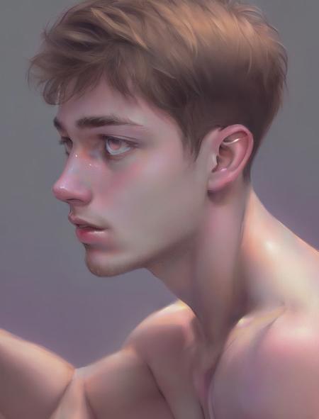 portrait of a teen male, cute, short hair, beautiful eyes, profile view, looking at viewer, crystal, shirtless
highres, hq, highly detailed, masterpiece, 
 <lyco:YanjunChen:.7>