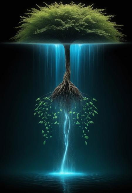 tree floating in the air with a waterfall falling from its roots. Bioluminescence water drop shaped leaves.
