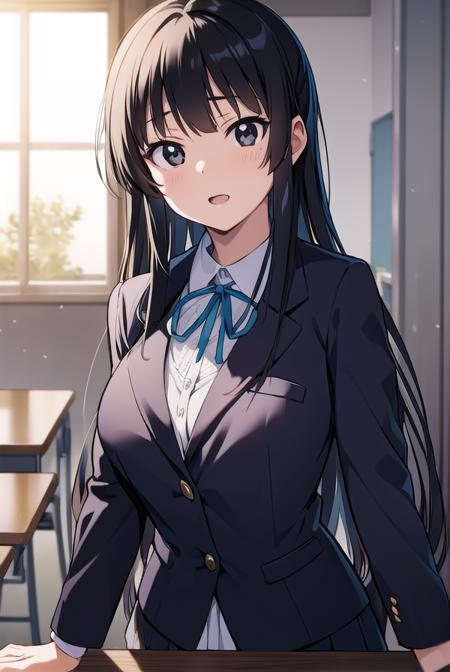 mioakiyama, <lyco:mioakiyama-LYCORIStest:1>,
mio akiyama, (black eyes:1.5), black hair, long hair,
BREAK sakuragaoka high school uniform, school uniform, uniform,
BREAK looking at viewer,
BREAK indoors, classroom,
BREAK <lora:GoodHands-vanilla:1>, (masterpiece:1.2), best quality, high resolution, unity 8k wallpaper, (illustration:0.8), (beautiful detailed eyes:1.6), extremely detailed face, perfect lighting, extremely detailed CG, (perfect hands, perfect anatomy),