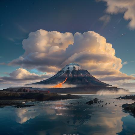 extremely good render, best details, extreme details, (volcano), (lava), mist, night, universe, stars, watercolor, ((photorealistic)), best quality, cloud, cherry blossom, day, fantasy, fish, lake, landscape, high snowy mountain, no_humans, ocean, outdoors, river, scenery, sky, splashing, water, watercraft, waterfall, waves, ultra realistic, photorealistic, sea, ocean, (reflection), (ray tracking), (unreal engine), (Japanese), top view, high elevation, (water reflection), (clear water), photorealistic, 8k, unreal engine, super great 3d render, 3d, 3d ray tracking, liquid, super high quality, (super close look at water)