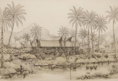 Architecture Sketch of Nubian house along the river with palm trees and other Trees . A family is enjoying the landscape