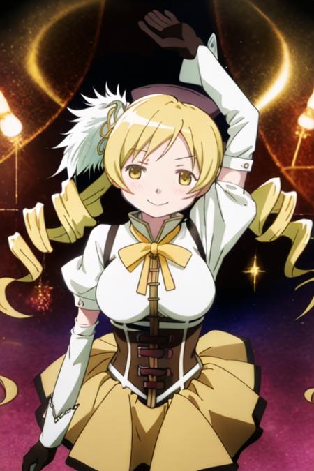 best quality, masterpiece, highres, solo, {tomoe_mami_puellamagimadokamagica:1.15}, blonde_hair, drill_hair, twin_drills, twintails, hair_ornament, yellow_eyes, magical_girl, 1girl, smile, breasts, large_breasts, closed_eyes, detached_sleeves