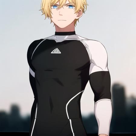 ((1boy, solo focus, muscular male)), black and white bodysuit, wetsuit, blonde hair,((facing viewer, looking at viewer)), (((arms behind back))), night, darkness, sho akitsuki <lora:Sho_Akitsuki:0.5> ,