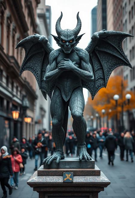 modern-day gargoyle, street performer posing as a statue, urban setting, stone-like skin, intricate details, cracked texture, humanoid gargoyle, standing on a pedestal, realistic costume, wings folded, intense facial expression, deep shadows, high contrast lighting, fall colors in the background, glowing eyes, weathered stone appearance, detailed architecture, city street, crowds in the background, urban landscape, high detail, fantasy realism, mystical atmosphere, surreal proportions, subtle movement, highly detailed, glowing symbols on the pedestal, surreal urban statue