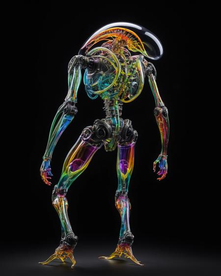 focus on alien non-anthropomorphic bioengineered creature, transparency:1.4, (detailed cybernetic implants fused with organic matter:0.5), full body, (with intensely vibrant swirling colors:1.9), realistic photo, black background, <lora:add-detail-xl:1.0> ,  <lora:artialien:1> artialien