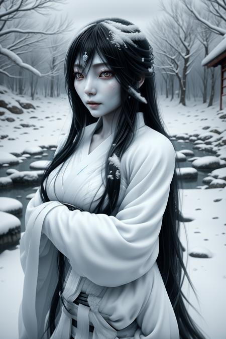 ral-mythcr, yuki onna, mythical creature, a photorealistic image of a Yuki Onna, a spirit from Japanese folklore set in a snowy landscape, the Yuki Onna is depicted with long flowing black hair  <lora:ral-mythcr-sd15:1>