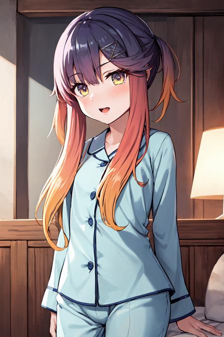 <lora:TsushimaKancolle:1>, 1girl. solo,
tsushima \(kancolle\), purple hair, orange hair, gradient hair, multicolored hair, sidelocks, purple eyes,  yellow eyes, small chest,
pajamas, indoors