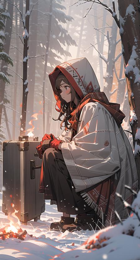 1girl, solo, snow, long hair, hood, fire, outdoors, brown hair, boots, snowing, from side, tree, suitcase, cloak, blurry, hood up, forest, gloves, nature, brown eyes, red gloves, squatting, closed mouth, hooded cloak, winter, depth of field, black footwear, red cloak
 <lora:snowlight-000007:1>