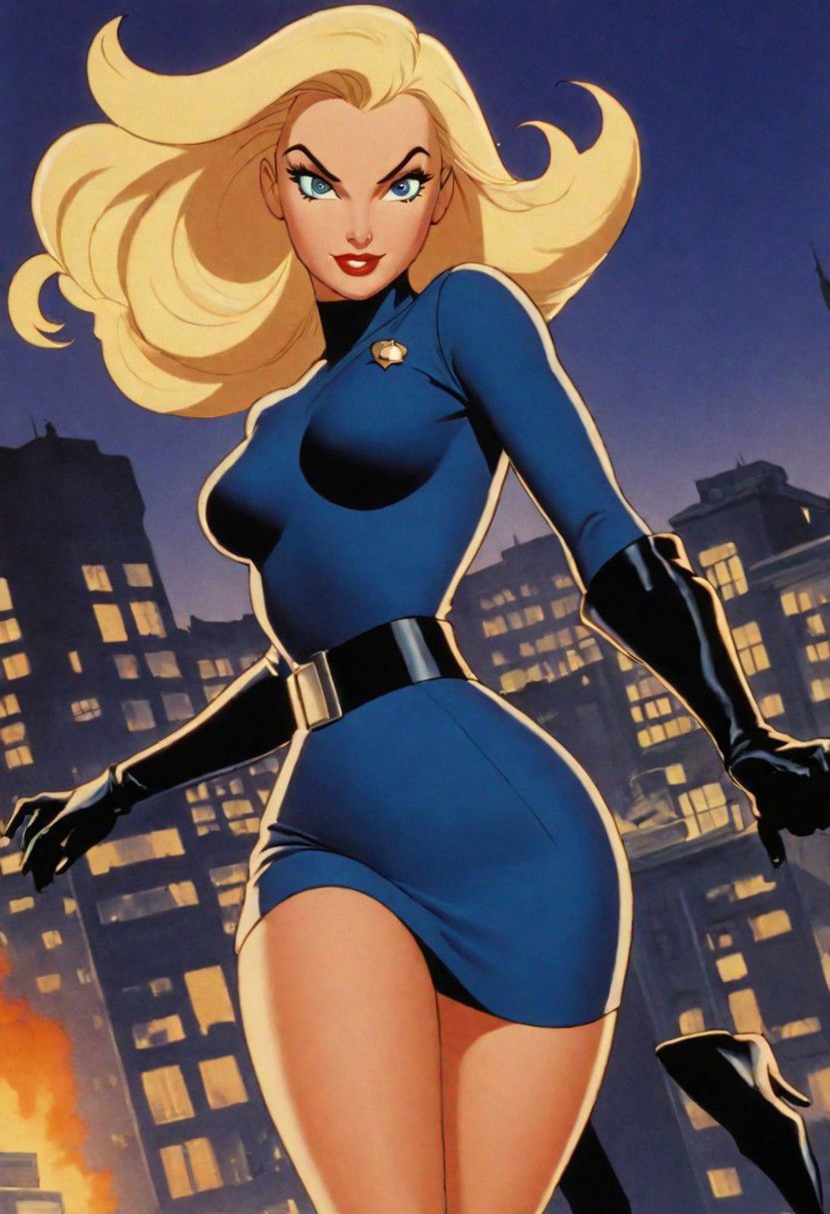A Cartoon Blue Wigged Woman in a Blue Dress with Black Gloves and Boots.