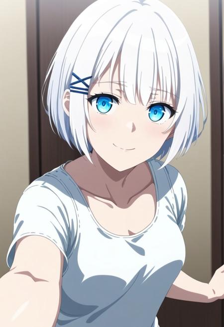 White hair, short hair, blue eyes, xhairclip hairclip